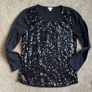 EUC J CREW Black Sequined front long sleeved Top, size Medium
